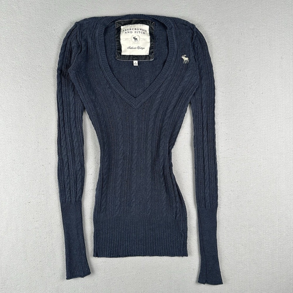 Vintage Y2K Abercrombie & Fitch V Neck Sweater Women's Small Blue Cable Knit